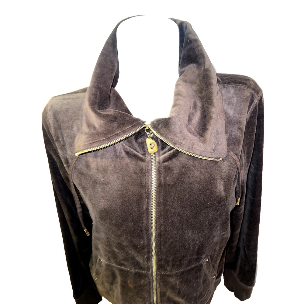 Michael Kors Womens Brown Velour Full Zip Funnel Neck Track Jacket Large MK Logo - Picture 2 of 7